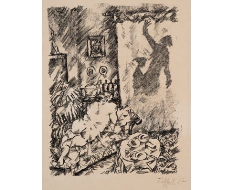 Tappert, GeorgBerlin, 1880 - 1957Blattgröße: 39 x 28,7 cm; 23,2 x 18 cm, o. R."Posinsky auf der Lauer", 1917. Lithografie auf