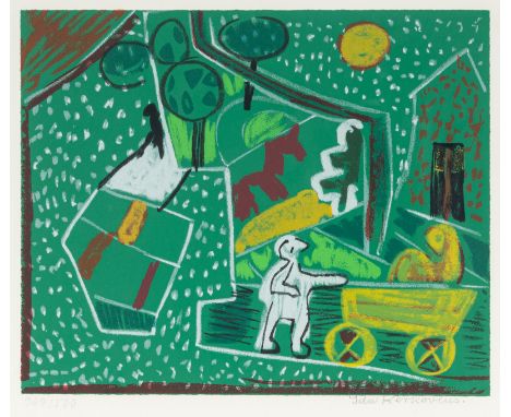 Kerkovius, IdaRiga, 1879 - Stuttgart, 197026,5 x 32 cm, R."Auf Grün mit Pferdchen Kinderspielplatz", 1964. Farbserigraphie au