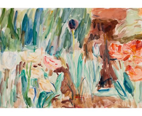 Henninger, ManfredBacknang, 1894 - Stuttgart, 198645 x 63,5 cm, o. R."Im Garten", 1966. Aquarell über Bleistift auf Papier. I