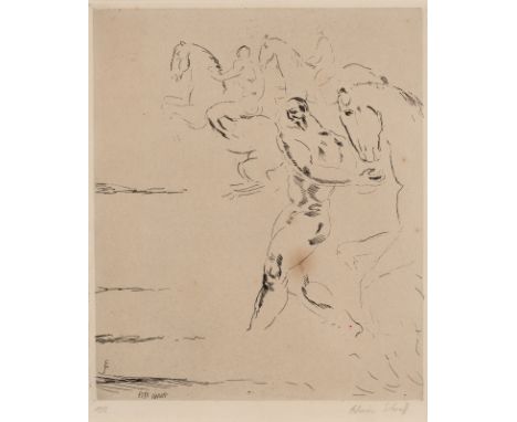 Scharff, EdwinNeu-Ulm, 1887 - Hamburg, 1955Blattgröße: 38,2 x 25,2 cm; 21 x 15,5 cm, o. R.Männlicher Akt mit zwei Pferden, 19