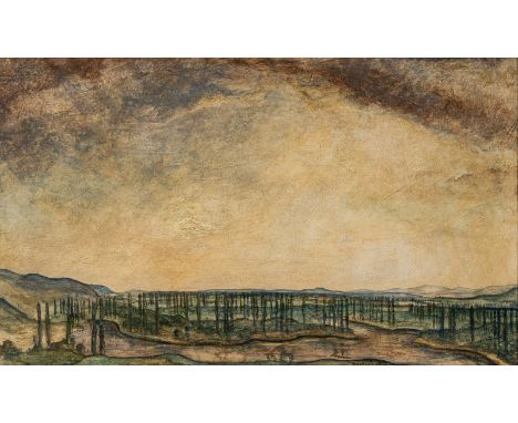 Bissier, JuliusFreiburg, 1893 - Ascona, 196558 x 95 cm, R.Rheinlandschaft, 1916. Öl auf Hartfaserplatte. In Öl unten rechts s