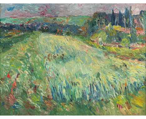 Henninger, ManfredBacknang, 1894 - Stuttgart, 198665 x 86 cm, R.Sommerlandschaft, 1965. Öl auf Leinwand. In der nassen Farbe 
