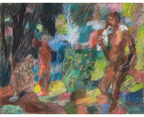 Henninger, ManfredBacknang, 1894 - Stuttgart, 198658 x 62 cm, R.Männliche Akte in Landschaft. Pastell auf Bütten. In Bleistif
