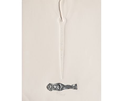 Brodwolf, JürgenDübendorf/Zürich, geboren 193225,5 x 20 cm, o. R.Ohne Titel, 1972. Tubenfigur, Prägedruck und Wollfaden auf B