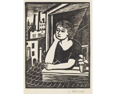 Schrimpf, GeorgMünchen, 1889 - Berlin, 1938Blattgröße: 39,5 x 30,3 cm; 21,2 x 15,5 cm, o. R.Mädchen am Fenster, um 1917. Holz