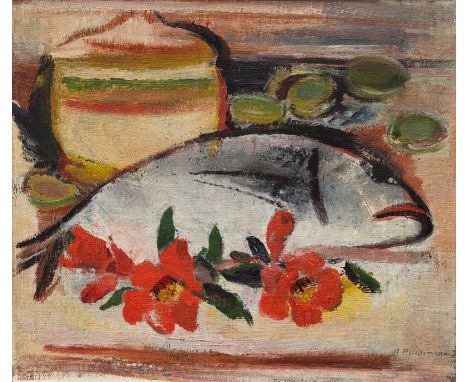 Fleischmann, AdolfEsslingen, 1892 - Stuttgart, 196829,5 x 34,5 cm, R.Stillleben mit Fisch, 1920er. Öl auf Leinwand, auf Karto