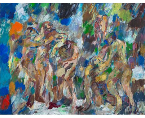 Henninger, ManfredBacknang, 1894 - Stuttgart, 198670 x 90 cm, R.Akte in Landschaft, 1970er. Öl auf Leinwand. In Öl unten rech