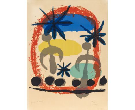 Miró, JoanBarcelona, 1893 - Palma de Mallorca, 1983Blattgröße: 65 x 49,5 cm, R."Ausstellungsplakat 'Constellations' ", 1959. 