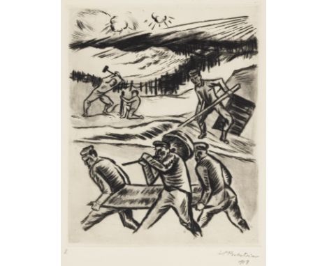 Pechstein, MaxZwickau, 1881 - Berlin, 1955Blattgröße: 49,5 x 39,5; 39,5 x 31,5 cm, o. R."Somme 1916 VII (Soldaten beim Schanz
