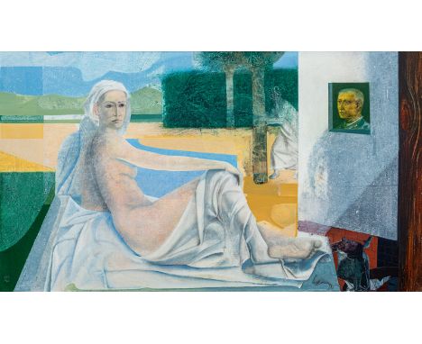 Kóka, FerencBudapest, 1934 - 199773 x 129 cm, R.Weiblicher Akt vor Landschaft, 1980. Öl auf Hartfaserplatte. In Ritzung unten