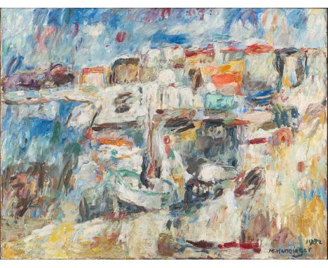 Henninger, ManfredBacknang, 1894 - Stuttgart, 198666 x 65 cm, R."Küste mit Badenden", 1982. Öl auf Leinwand. In Öl unten rech