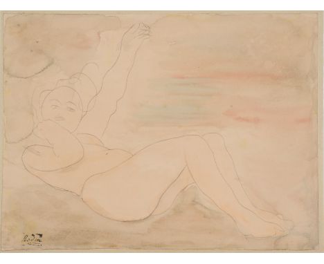 Rodin, AugusteParis, 1840 - Meudon, 191724,5 x 32,5 cm, R.Femme nue couchée. Aquarellierte Bleistiftzeichnung auf Papier, auf