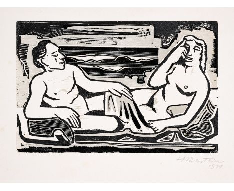 Pechstein, MaxZwickau, 1881 - Berlin, 1955Blattgröße: 24,7 x 35,5 cm; 16 x 25 cm, o.R."Auf dem Lager", 1931. Farbholzschnitt 