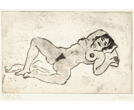 Tappert, GeorgBerlin, 1880 - 1957Blattgröße: 32 x 44 cm; 21 x 32,6 cm, o. R."Betty auf dem Rücken liegend, Beine gespreizt (B