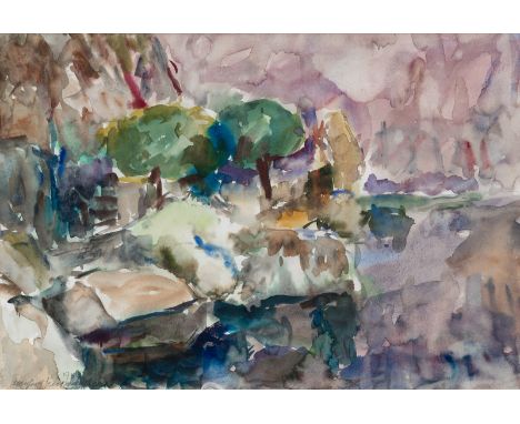 Henninger, ManfredBacknang, 1894 - Stuttgart, 198632 x 46 cm, R.Landschaft am Max-Eyth-See, 1969. Aquarell auf Papier. In Ble