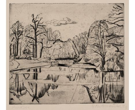 Kretzschmar, BernhardDöbeln, 1889 - 1972Blattgröße: 34,5 x 43,5 cm; 21,5 x 24,5 cm, o. R."Parksee", 1923. Radierung auf Bütte
