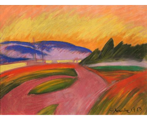 Straube, WilliamBerlin, 1871 - Neufrach/Bodensee, 195434 x 45,5 cm, R.Landschaft bei Sonnenaufgang, 1913. Pastell auf Papier.