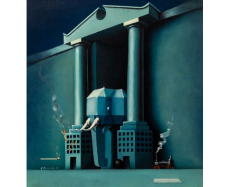 Rellecke, HorstDuisburg, geboren 195152 x 47 cm, R.Fantastische Komposition, 1981. Öl auf Hartfaserplatte. In Öl unten links 