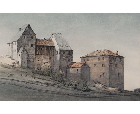 Lenk, FranzLangenbernsdorf, 1898 - Schwäbisch Hall, 196830 x 45,5 cm, R.Bauernhäuser entlang ansteigender Gasse, 1953. Aquare