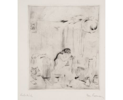 Purrmann, HansSpeyer, 1880 - Basel, 1966Blattgröße: 49,5 x 32,7 cm; 18 x 15 cm, o. R."Bei der Toilette", 1916, Radierung auf 