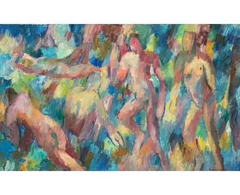 Henninger, ManfredBacknang, 1894 - Stuttgart, 198682 x 130 cm, R.Akte in Landschaft, 1967. Öl auf Leinwand. In Öl unten recht