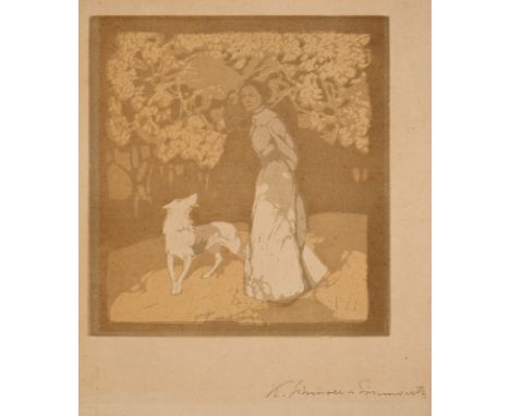 Schmoll von Eisenwerth, KarlWien, 1879 - Stuttgart, 1947Frau mit Hund. Farblinolschnitt auf Papier. In Bleistift unten rechts