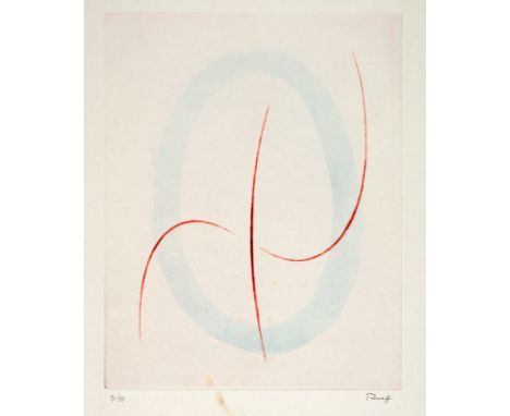 Ruoff, FritzNürtingen, 1906 - 1988Mappenformat: 55 x 39 x 1 cm"Spuren des Ikarus",1981. Folge von sechs Heliogravüren auf Büt