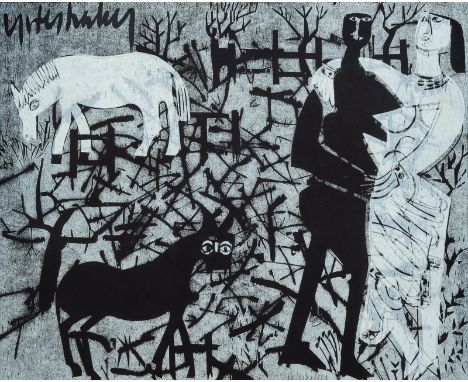 Grieshaber, HAPRot an der Rot, 1909 - Reutlingen, 198147 x 58 cm, R."Winterlandschaft", 1965. Holzschnitt auf schwarzem Bütte
