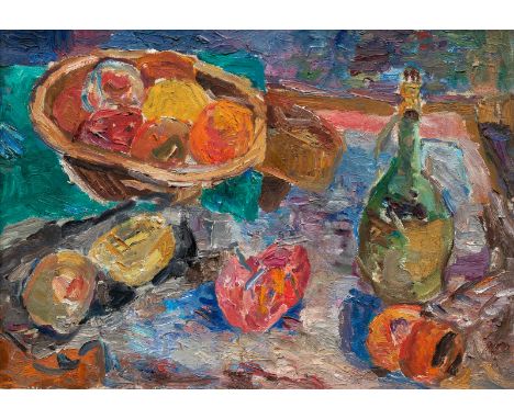 Henninger, ManfredBacknang, 1894 - Stuttgart, 198650 x 71 cm, R.Stillleben mit einer Flasche und Früchten. Öl auf Leinwand.Pr