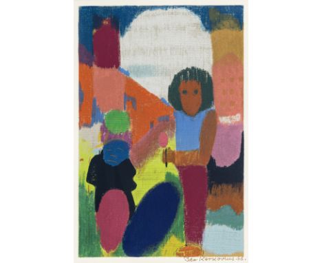 Kerkovius, IdaRiga, 1879 - Stuttgart, 197045 x 30 cm, R."Zwei Figuren. Kinder mit Luftballon und Lolly", 1966. Farbserigraphi