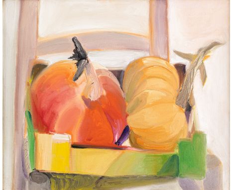 Schrade, DorotheaReutlingen, geboren 194350 x 60 cm, R."Kleines Kürbisstilleben", 2001. Öl auf Leinwand. In Farbkreide rückse