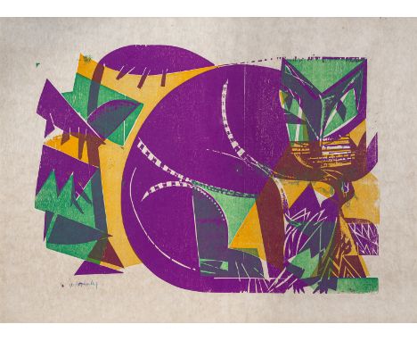 Grieshaber, HAPRot an der Rot, 1909 - Reutlingen, 198142,4 x 61 cm, R."Katze und Vogel", 1960. Farbholzschnitt auf Japanpapie