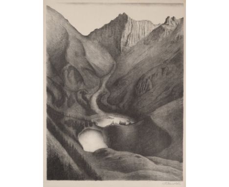 Kanoldt, AlexanderKarlsruhe, 1881 - Berlin, 1939Blattgröße: 52,5 x 40 cm; 48 x 36 cm, o. R."Soiernsee", 1934. Lithografie auf