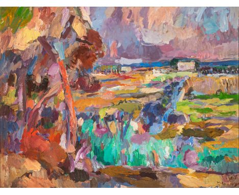 Henninger, ManfredBacknang, 1894 - Stuttgart, 198680 x 104 cm, R.Landschaft bei Sybaris, 1960. Öl auf Leinwand. In Öl unten r