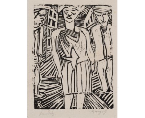 Gangolf, PaulKönigsberg, 1879 - Esterwegen, 1936Blattgröße: 26,5 x 22 cm; 12,3 x 9,2 cm, o. R.Straßenszene mit Frau, um 1920.
