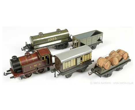 Bing O Gauge Locomotive and Rolling Stock consisting of an 0-4-0 Tank Loco LMS lined maroon, clockwork together with an LNWR 