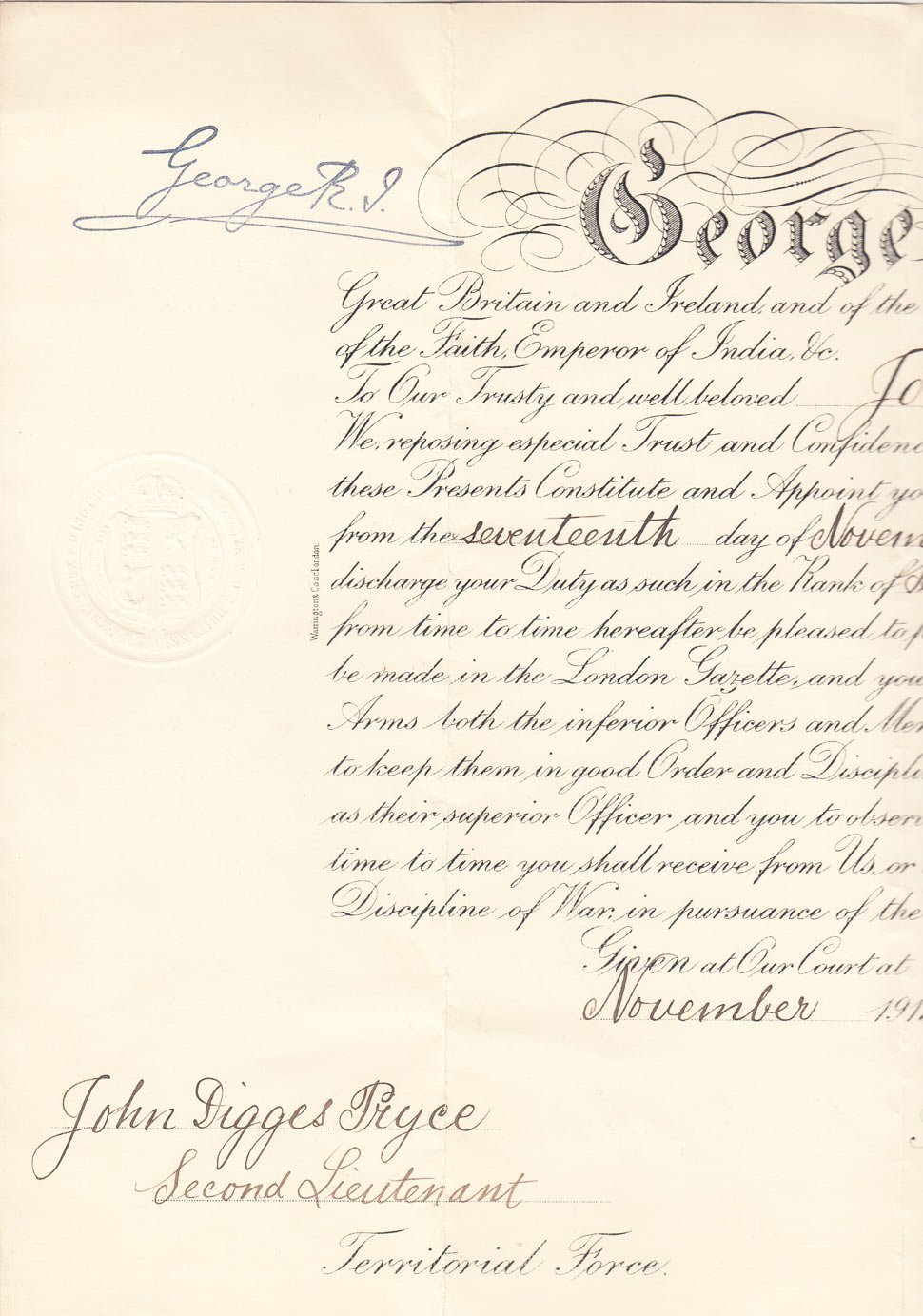 King V Signature, 1914. A signed document confirming Rank to 2nd