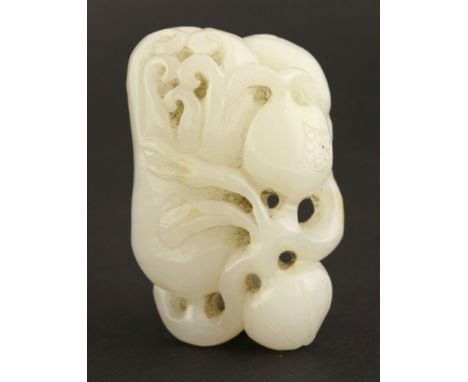 A white jade Pendant,20th century, pierced and carved with auspicious fruit including Buddha's fingers, pomegranate and peach