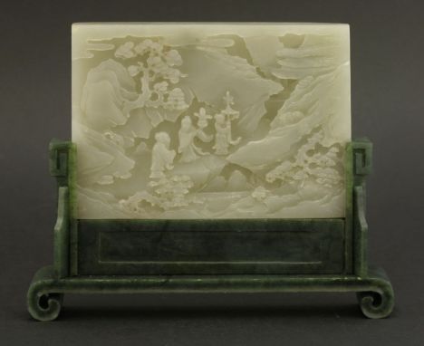 A good jade Plaque, 20th century, the pale grey-white stone carved with two literati and a boy climbing a mountain pass to a 