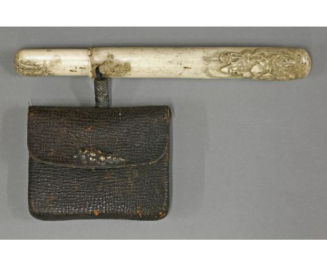 A stag antler Pipe Case and Tobacco Pouch (Kiseruzutsu),c.1860, the outer case well carved with Kwannon on a rock, below a ba