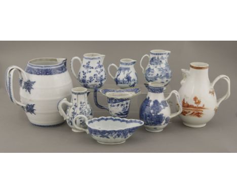 Blue and white, 18th century, various sparrow-beak, helmet, or barrel shaped jugs and sauce boat, all with typical decoration