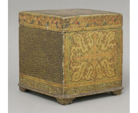 A Kashmir lacquered tea caddy, first half of the 19th century, of cubic form, the sides with scrolling leaves, one with a 'Pa