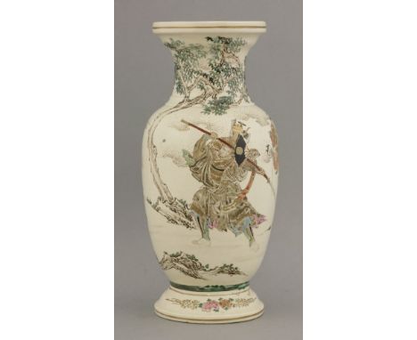 A Kyoto 'Satsuma' Vase,mid 19th century, the ovoid body painted with warriors in court costume, one with tools strapped to hi