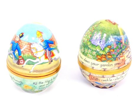 Two Elliot Hall enamel boxes of egg form, comprising Humpty Dumpty, limited edition 75/75, with certificate, and Mary Mary Qu