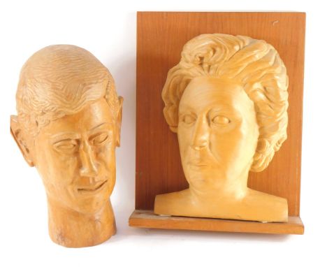 A Gillian Corsellis carved wooden bust portrait of Margaret Thatcher, on a wooden plinth, bust 33.5cm high, together with a f