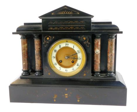 A late 19thC French slate mantel clock, circular brass dial with enamel chapter ring bearing Arabic numerals, Japy Freres and