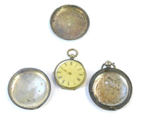 A Victorian silver Hunter pocket watch case, and a silver Continental fob watch with white ceramic dial, in floral case, 2.63