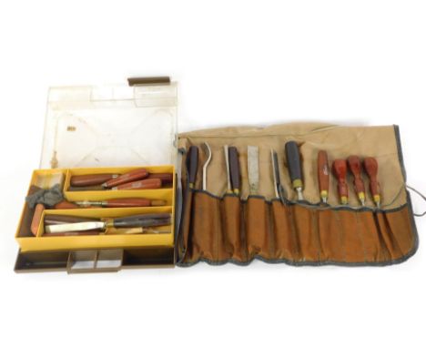 A group of woodworking tools, comprising Marples chisels and gouges, plastic tool chest, etc. (a quantity) 