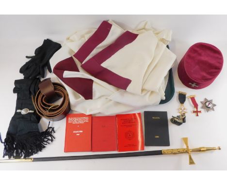 Two Masonic Knight of Malta jewels, together with a breast badge, cap, belt, tunic, sash, gloves, ceremonial sword, Knight Te
