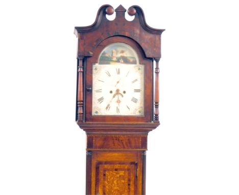 A 19thC mahogany longcase clock, with arched pediment top, and a painted dial with figures and windmills, on cream dial with 